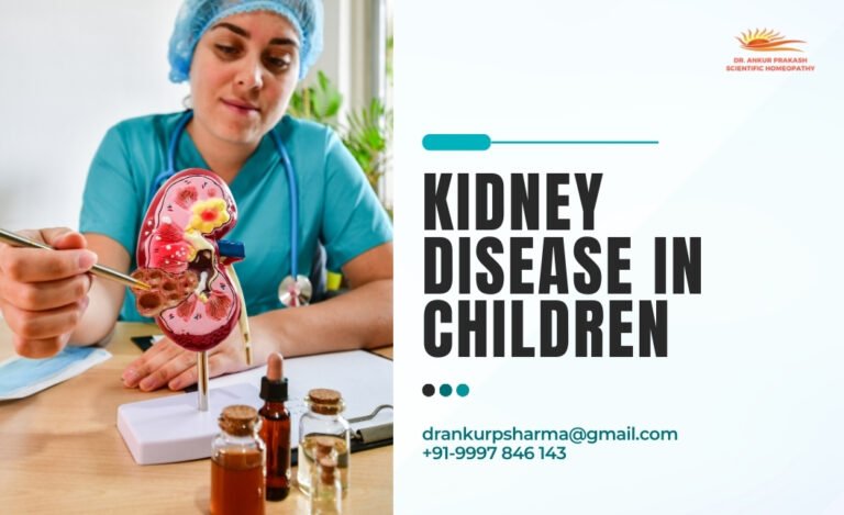 Health professional explaining kidney disease in children using a model kidney and bottles of homeopathic remedies