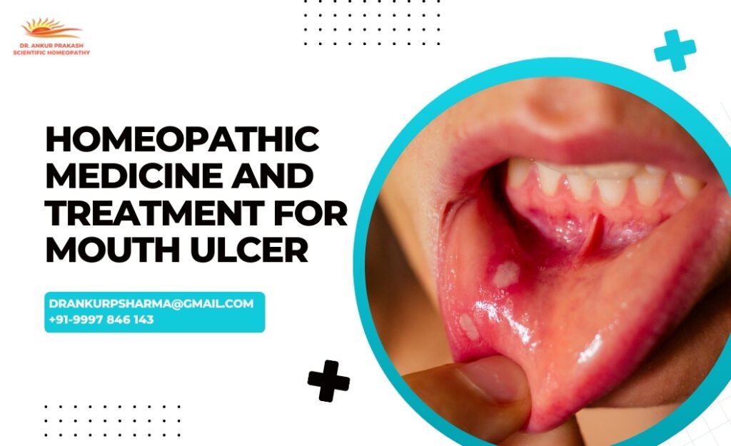 An advertisement for homeopathic medicine and treatment for mouth ulcers featuring a close-up image of a mouth with visible ulcers.