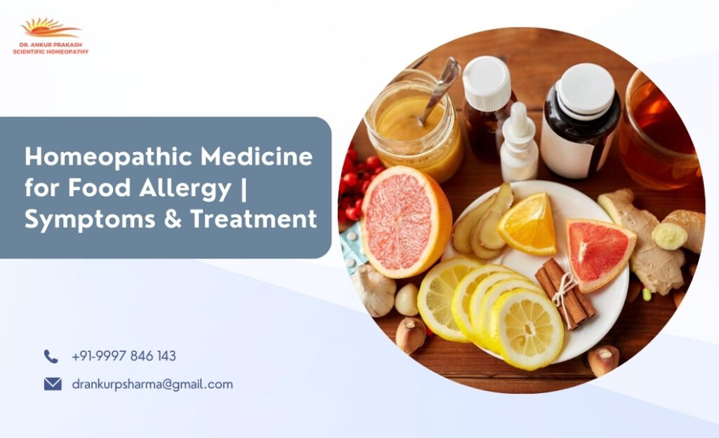 A plate with sliced citrus fruits and ginger, alongside homeopathic medicine bottles and honey, indicating natural treatment options for food allergies.