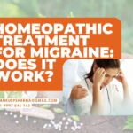 An advertisement for homeopathic migraine treatment featuring a woman holding her head in pain and homeopathic pills.