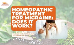 An advertisement for homeopathic migraine treatment featuring a woman holding her head in pain and homeopathic pills.