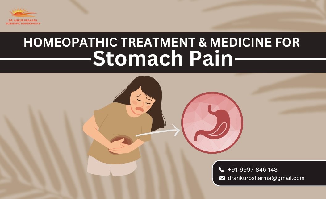 Illustration showing a woman with stomach pain and a close-up of a stomach, with text about homeopathic treatment and medicine for stomach pain.