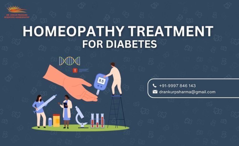 An infographic promoting homeopathy treatment for diabetes, featuring medical professionals using various scientific tools and a large hand displaying a glucose monitor reading.