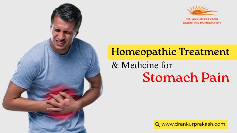 Illustration showing a woman with stomach pain and a close-up of a stomach, with text about homeopathic treatment and medicine for stomach pain.
