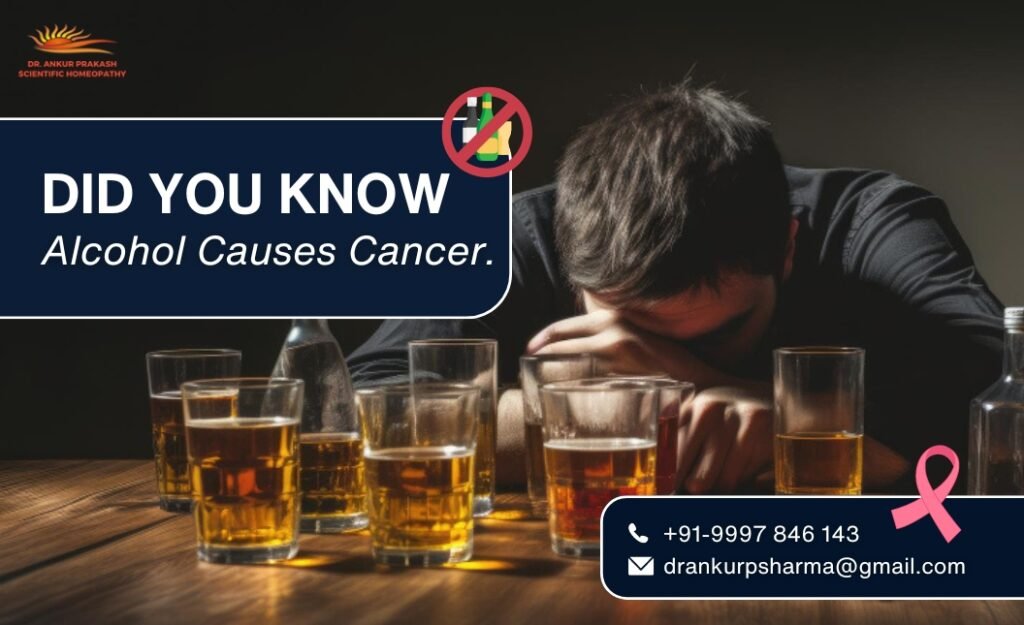 A promotional image featuring a man with his head down on a table, surrounded by glasses of alcohol and bottles, with a message about the risks of alcohol.