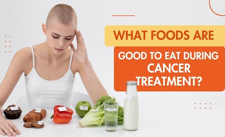 A woman undergoing cancer treatment sitting at a table with healthy foods