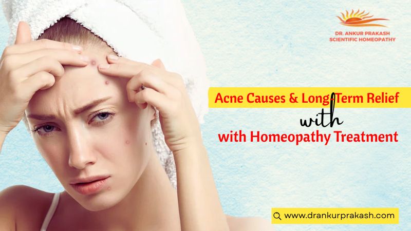Woman examining facial acne, highlighting common acne causes and long-term relief with homeopathy treatment.