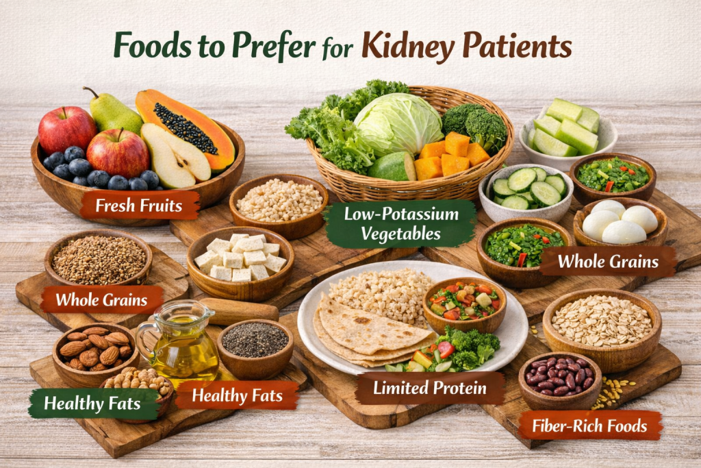 Foods recommended for kidney patients, including fruits, low-potassium vegetables, whole grains, and healthy fats.