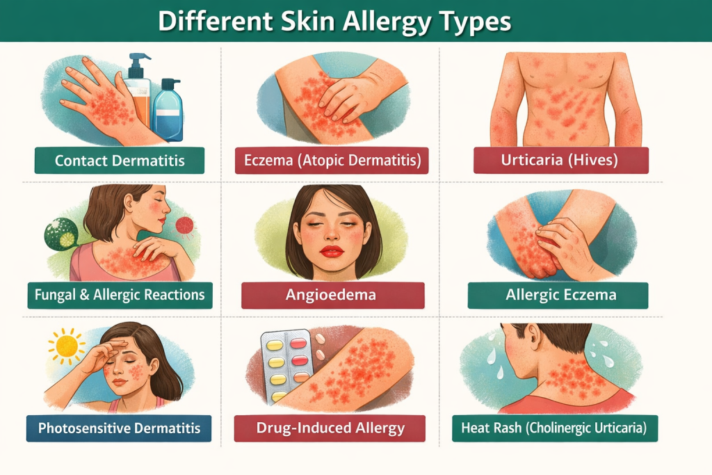 Illustration showing common types of allergic reactions affecting the body’s outer surface, including rashes, redness, hives, and irritation.