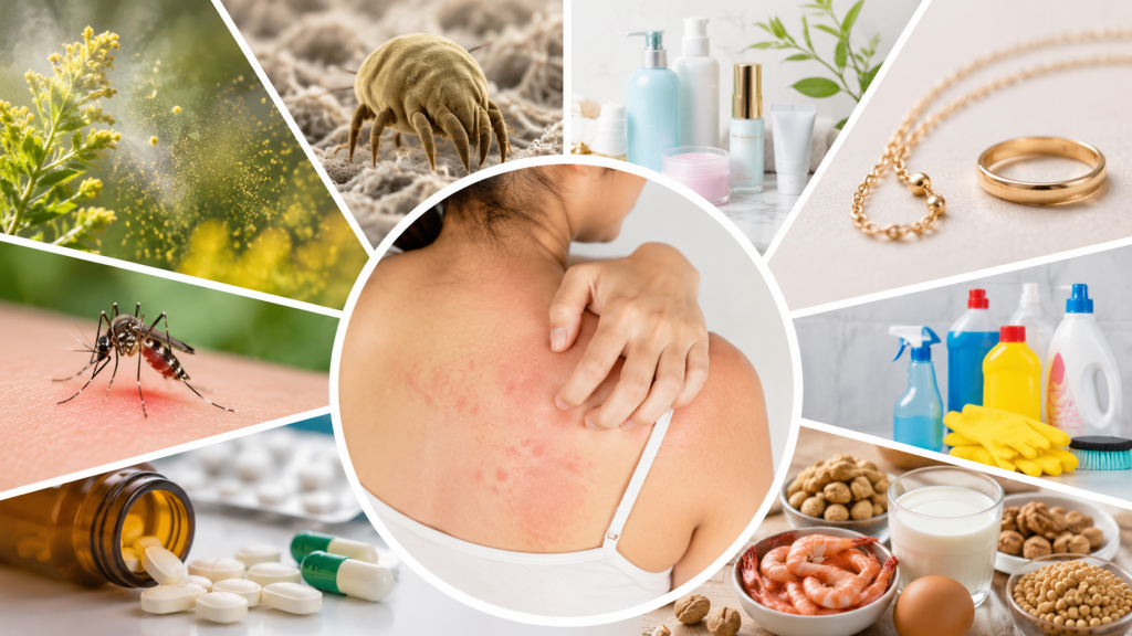 Common causes of skin rashes including insect bites, scabies, skincare products, jewelry, medicines, cleaning products, and food allergens