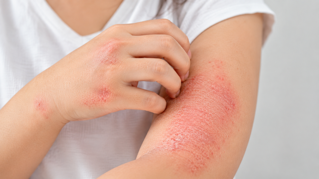 Red, dry, scaly patches of eczema on the hand and arm