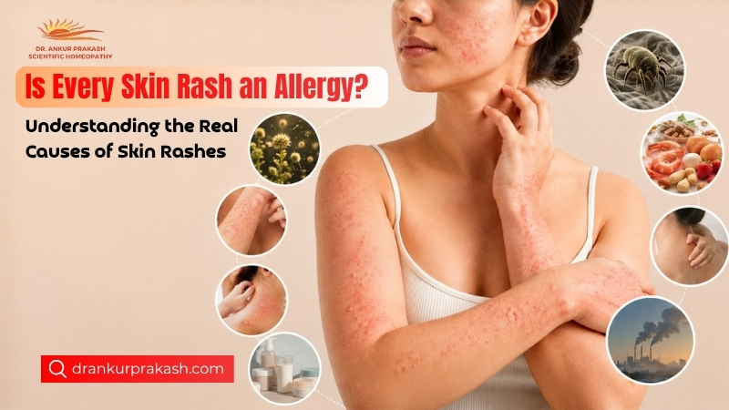 Woman with red skin rash on arms and neck showing possible causes of skin rashes