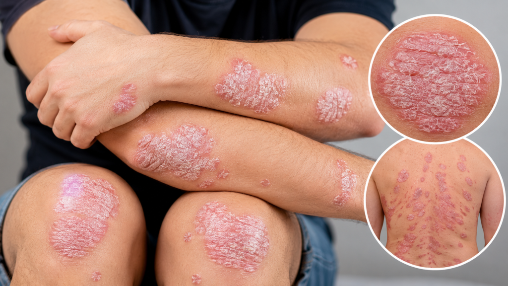 Plaque psoriasis with raised red patches and silvery-white scales on the arms and knees