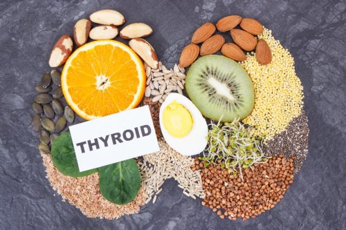 Thyroid-friendly foods including fruits, nuts, seeds, grains, and protein sources